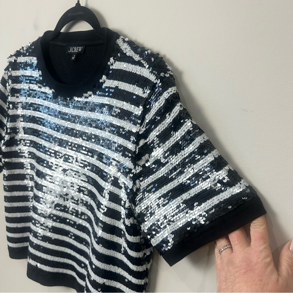 Jcrew Sequin T Shirt Black White Stripe Short Sleeve - Picture 4 of 7